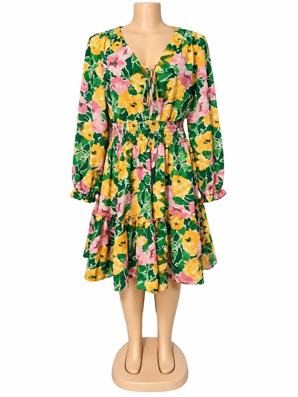 Taylor Floral Tie-Front Long Sleeve Dress in Green, Yellow & Pink